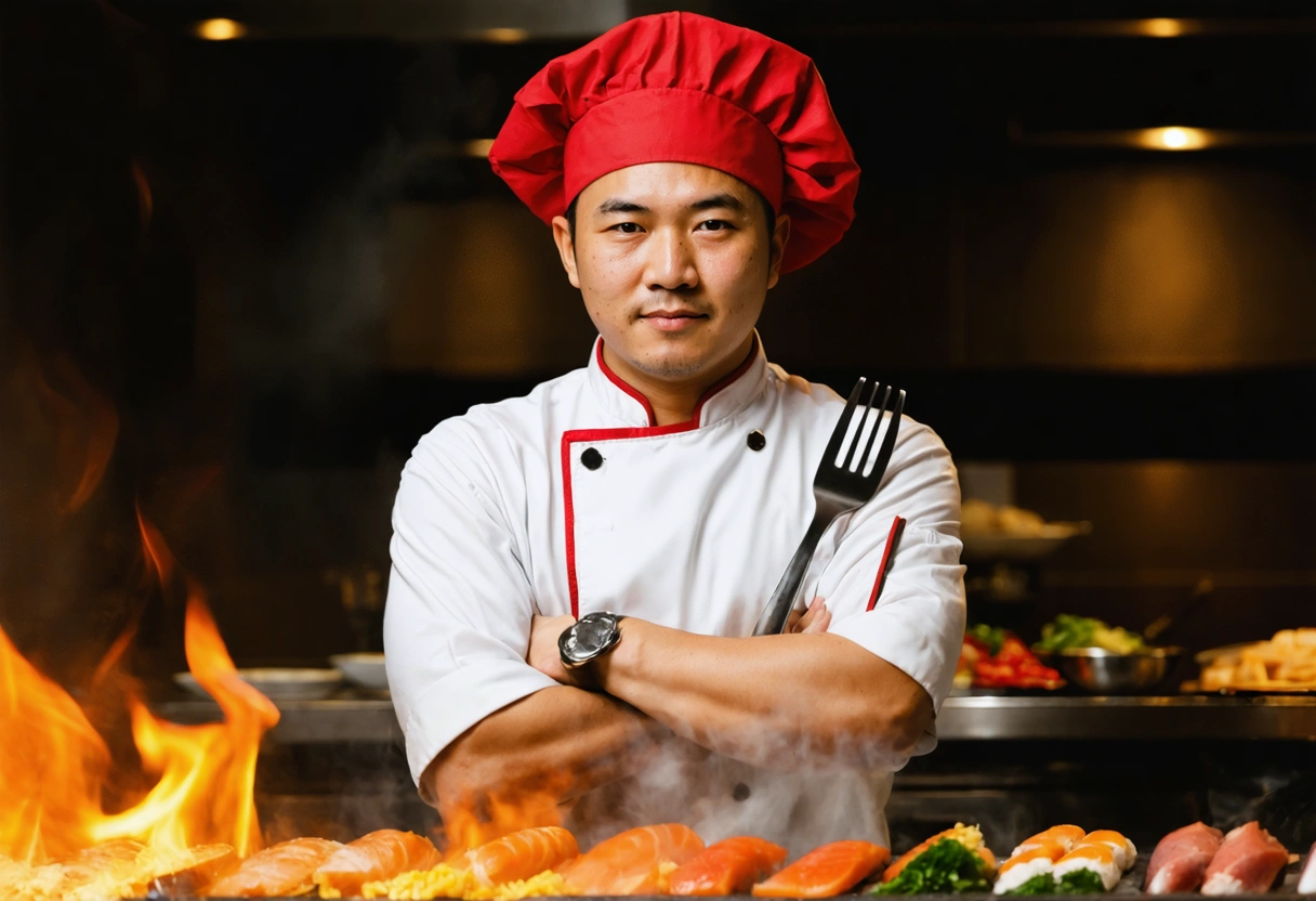 Chef Kenji Matsuda in red hat crossing spatula and fork